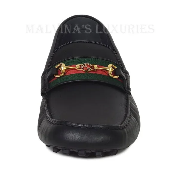 GUCCI SHOES MENS BLACK LEATHER HORSEBIT LOGO DRIVER LOAFERS w WEB sz 13 13.5 - Picture 6 of 16